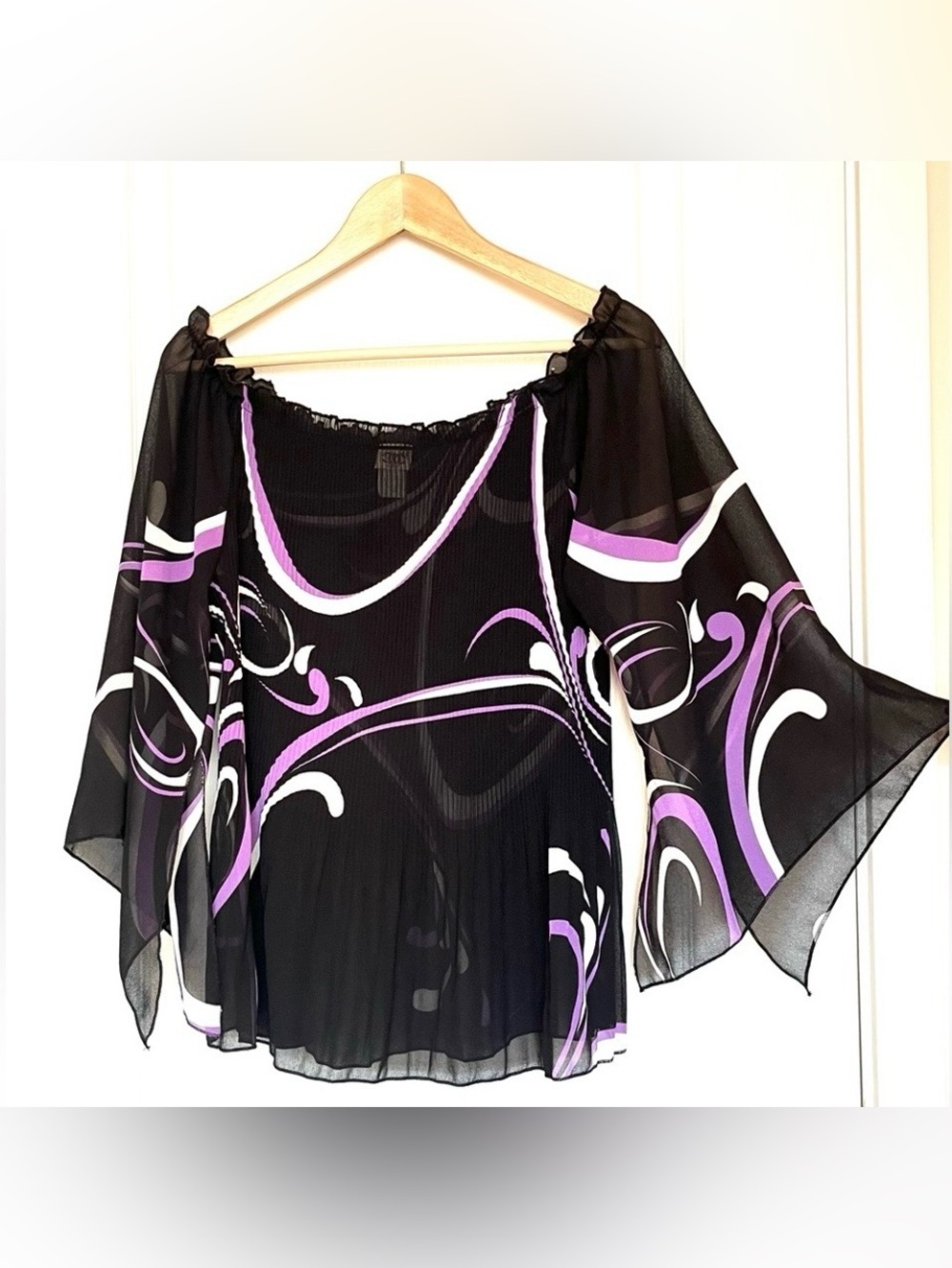 VTG C.O.C. USA Micro Pleated Striped Plisse Top Black Purple, XL Maximalist Y2K